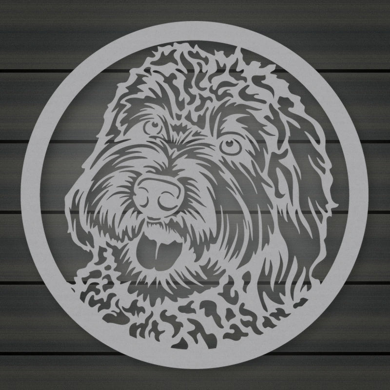 Labradoodle Dog Silhouette Metal Sign shown in Metallic Silver powder coat finish.