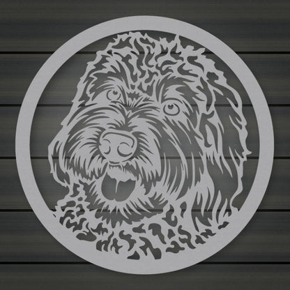 Labradoodle Dog Silhouette Metal Sign shown in Metallic Silver powder coat finish.