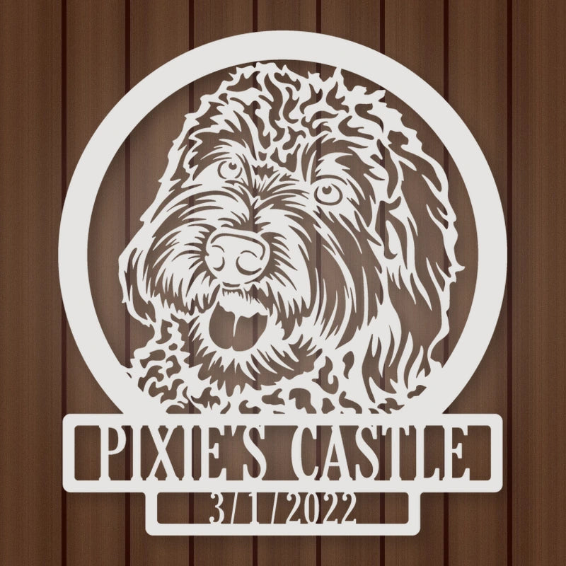 Labradoodle Dog Silhouette With Personalized Name And Date Metal Sign shown in Gloss White powder coat finish.