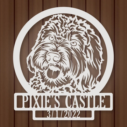 Labradoodle Dog Silhouette With Personalized Name And Date Metal Sign shown in Gloss White powder coat finish.