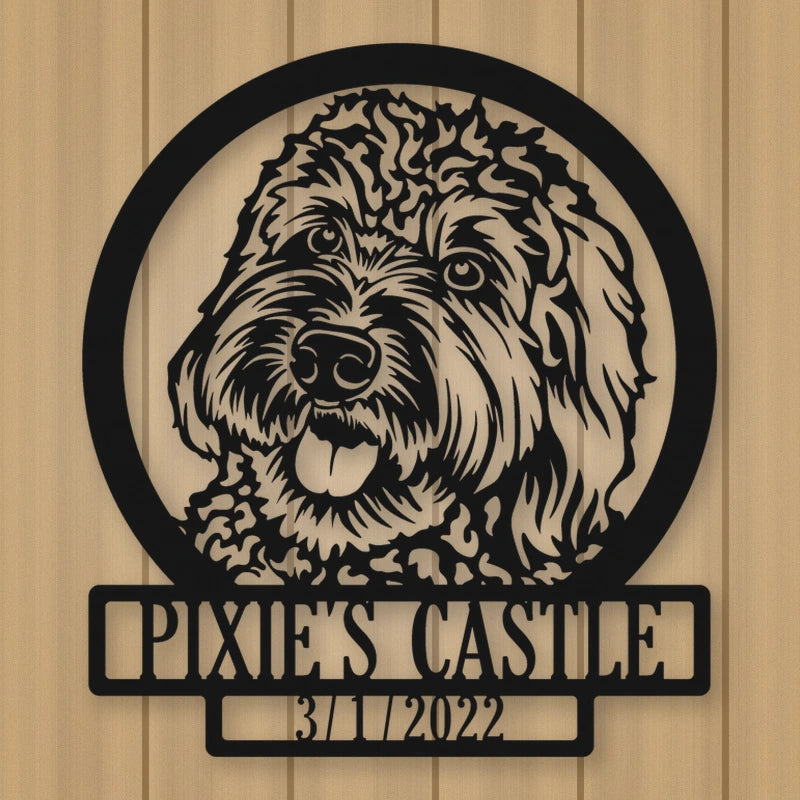Labradoodle Dog Silhouette With Personalized Name And Date Metal Sign shown in Matte Black powder coat finish.