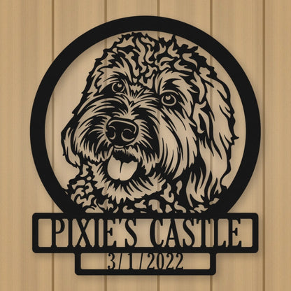 Labradoodle Dog Silhouette With Personalized Name And Date Metal Sign shown in Matte Black powder coat finish.