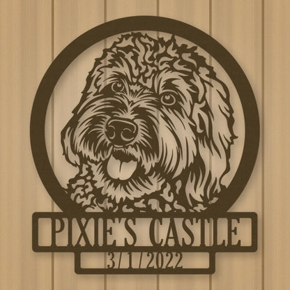 Labradoodle Dog Silhouette With Personalized Name And Date Metal Sign shown in Metallic Bronze powder coat finish.