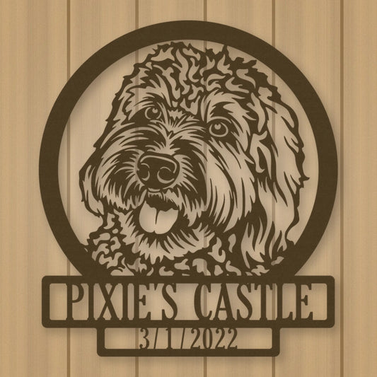 Labradoodle Dog Silhouette With Personalized Name And Date Metal Sign shown in Metallic Bronze powder coat finish.