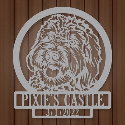Labradoodle Dog Silhouette With Personalized Name And Date Metal Sign shown in Metallic Silver powder coat finish.