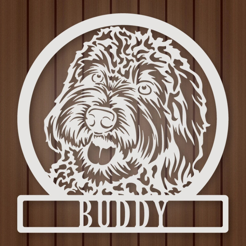 Labradoodle Dog Silhouette With Personalized Name Metal Sign shown in Gloss White powder coat finish.