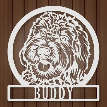 Labradoodle Dog Silhouette With Personalized Name Metal Sign shown in Gloss White powder coat finish.