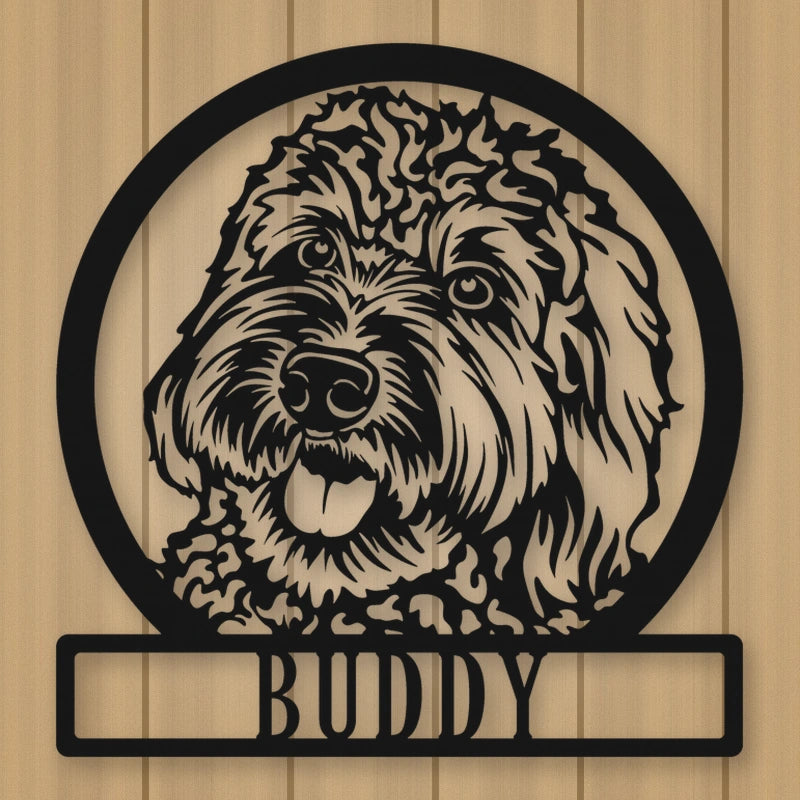 Labradoodle Dog Silhouette With Personalized Name Metal Sign shown in Matte Black powder coat finish.