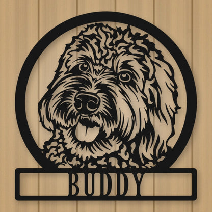 Labradoodle Dog Silhouette With Personalized Name Metal Sign shown in Matte Black powder coat finish.