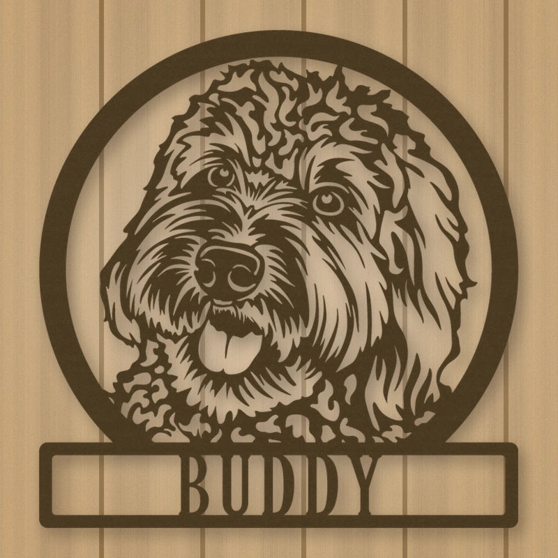Labradoodle Dog Silhouette With Personalized Name Metal Sign shown in Metallic Bronze powder coat finish.