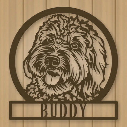 Labradoodle Dog Silhouette With Personalized Name Metal Sign shown in Metallic Bronze powder coat finish.