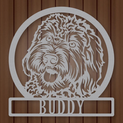Labradoodle Dog Silhouette With Personalized Name Metal Sign shown in Metallic Silver powder coat finish.