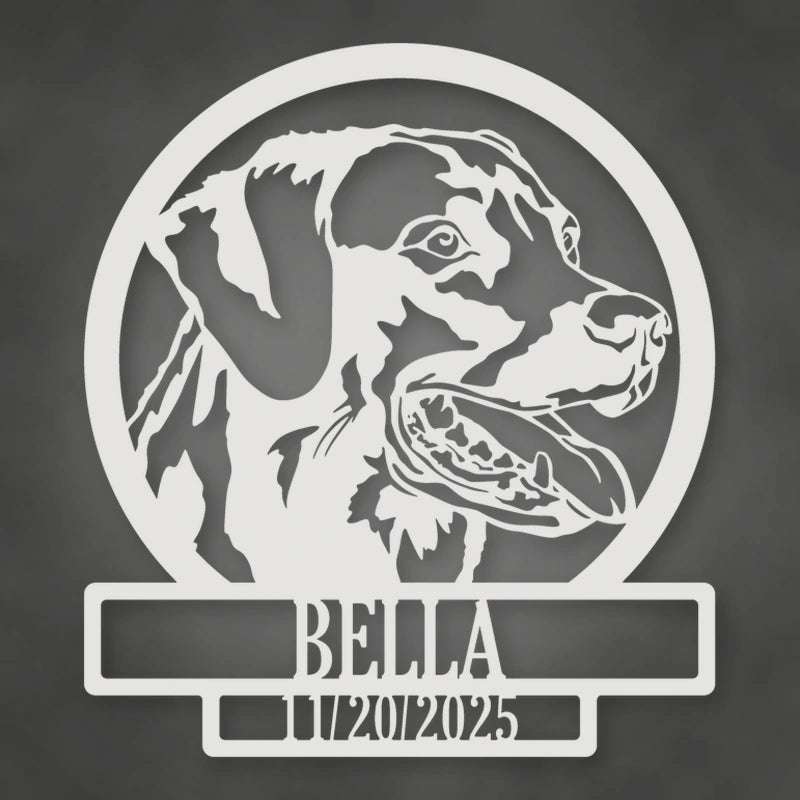 Labrador Dog Silhouette With Personalized Name And Date Metal Sign shown in Gloss White powder coat finish.