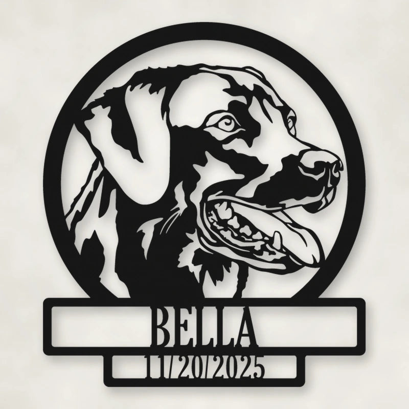Labrador Dog Silhouette With Personalized Name And Date Metal Sign shown in Matte Black powder coat finish.