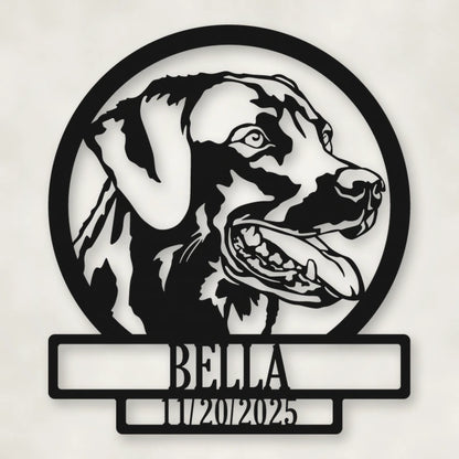 Labrador Dog Silhouette With Personalized Name And Date Metal Sign shown in Matte Black powder coat finish.