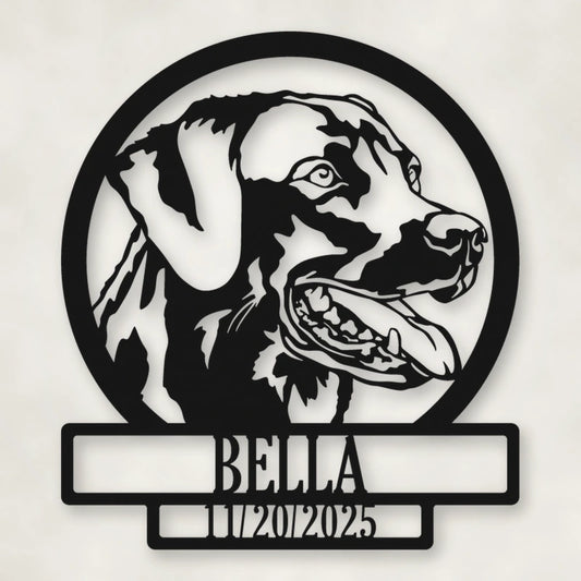 Labrador Dog Silhouette With Personalized Name And Date Metal Sign shown in Matte Black powder coat finish.