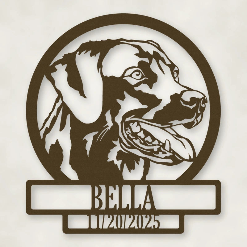 Labrador Dog Silhouette With Personalized Name And Date Metal Sign shown in Metallic Bronze powder coat finish.