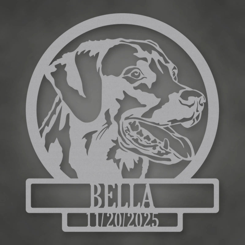 Labrador Dog Silhouette With Personalized Name And Date Metal Sign shown in Metallic Silver powder coat finish.