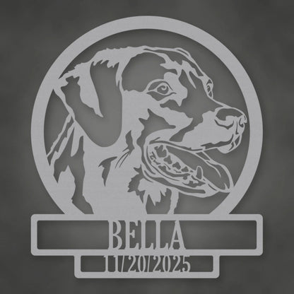 Labrador Dog Silhouette With Personalized Name And Date Metal Sign shown in Metallic Silver powder coat finish.