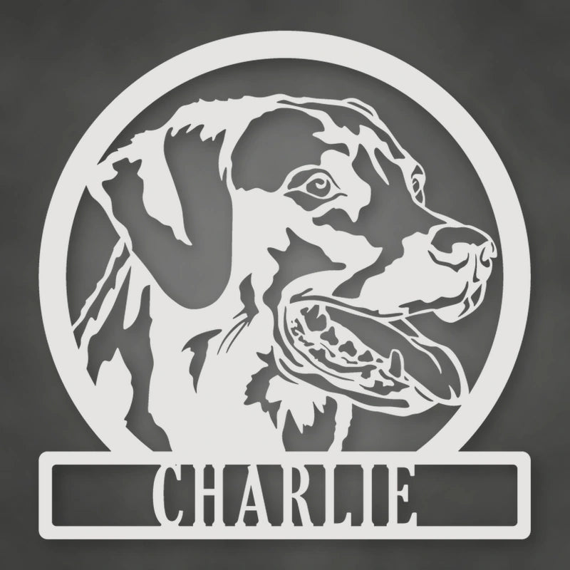 Labrador Dog Silhouette With Personalized Name Metal Sign shown in Gloss White powder coat finish.