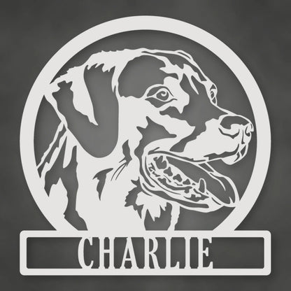 Labrador Dog Silhouette With Personalized Name Metal Sign shown in Gloss White powder coat finish.