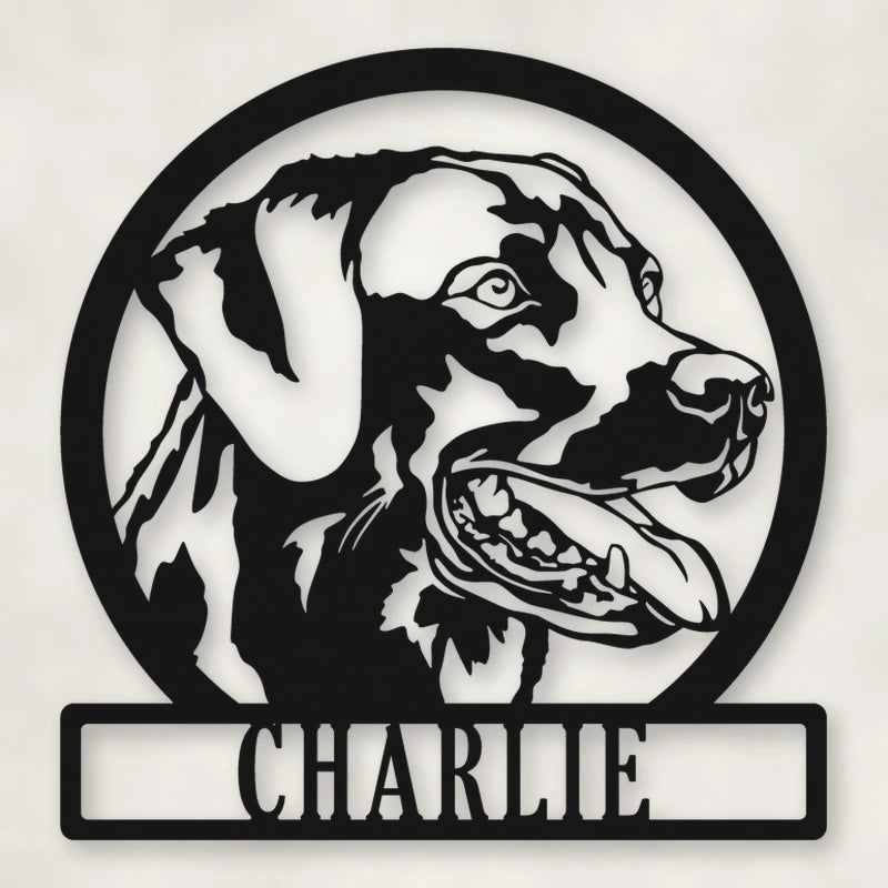 Labrador Dog Silhouette With Personalized Name Metal Sign shown in Matte Black powder coat finish.