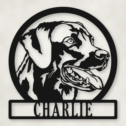 Labrador Dog Silhouette With Personalized Name Metal Sign shown in Matte Black powder coat finish.
