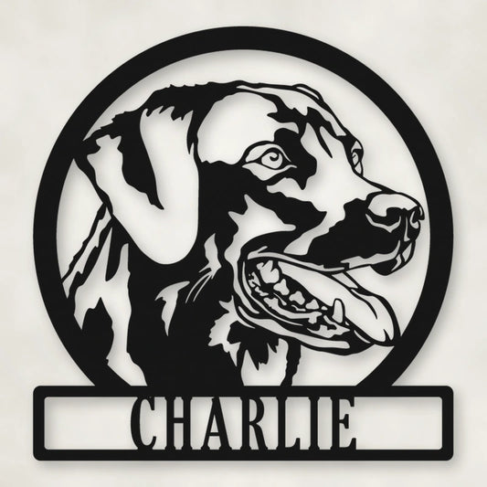 Labrador Dog Silhouette With Personalized Name Metal Sign shown in Matte Black powder coat finish.