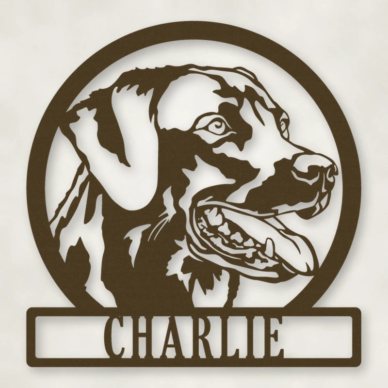 Labrador Dog Silhouette With Personalized Name Metal Sign shown in Metallic Bronze powder coat finish.