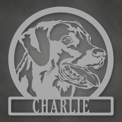 Labrador Dog Silhouette With Personalized Name Metal Sign shown in Metallic Silver powder coat finish.