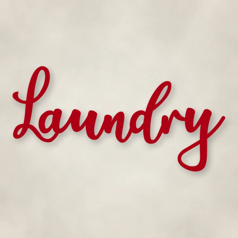 Laundry Metal Script Sign shown in Gloss Red powder coat finish.