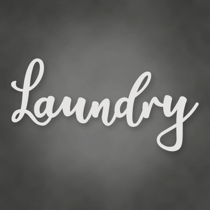 Laundry Metal Script Sign shown in Gloss White powder coat finish.