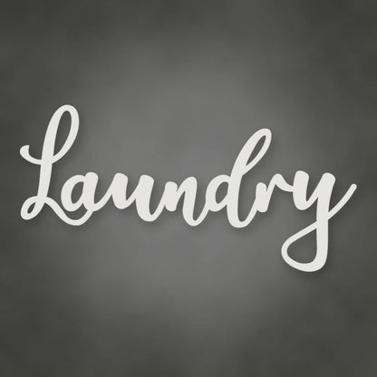 Laundry Metal Script Sign shown in Gloss White powder coat finish.
