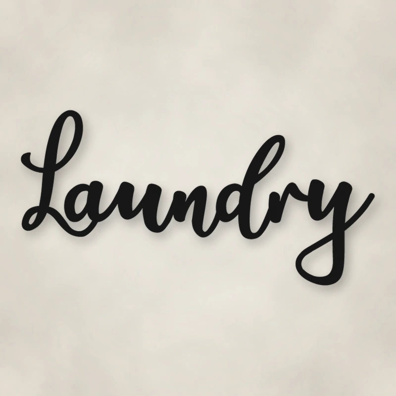 Laundry Metal Script Sign shown in Matte Black powder coat finish.
