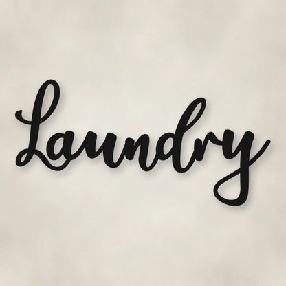 Laundry Metal Script Sign shown in Matte Black powder coat finish.