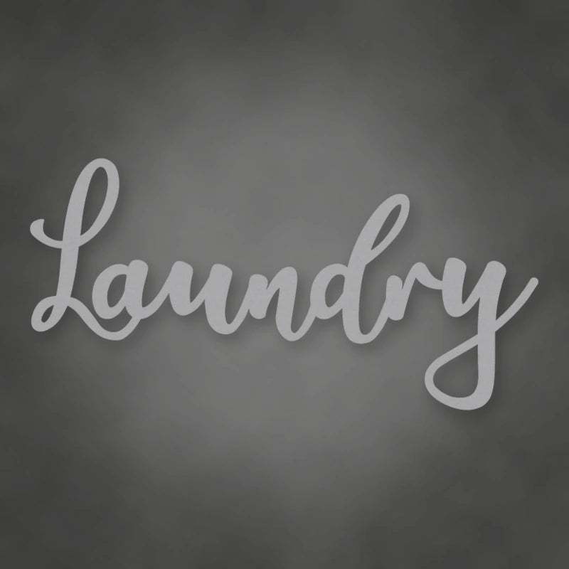 Laundry Metal Script Sign shown in Metallic Silver powder coat finish.