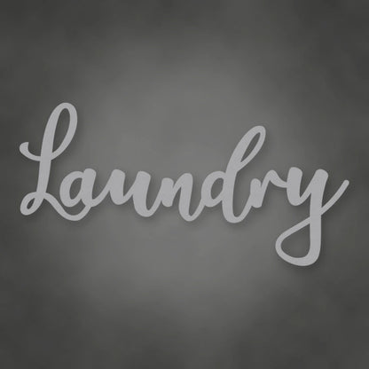 Laundry Metal Script Sign shown in Metallic Silver powder coat finish.