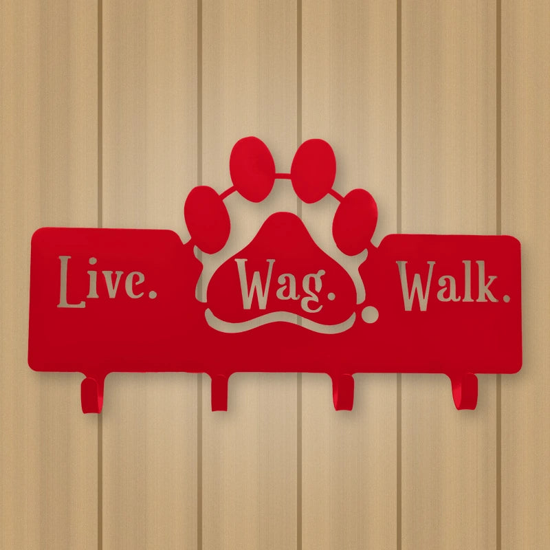 Dog Leash Hanger with "Live, Wag, Walk" shown in Gloss Red powder coat finish.