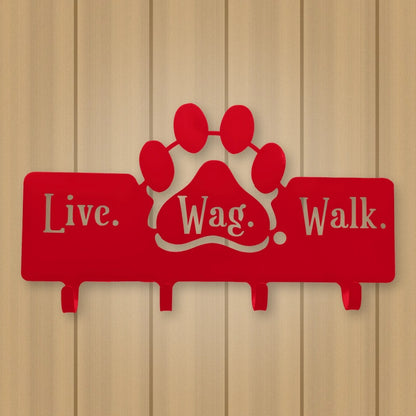Dog Leash Hanger with "Live, Wag, Walk" shown in Gloss Red powder coat finish.