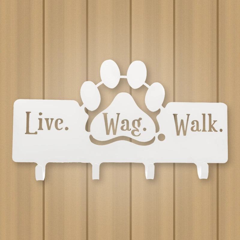 Dog Leash Hanger with "Live, Wag, Walk" shown in Gloss White powder coat finish.