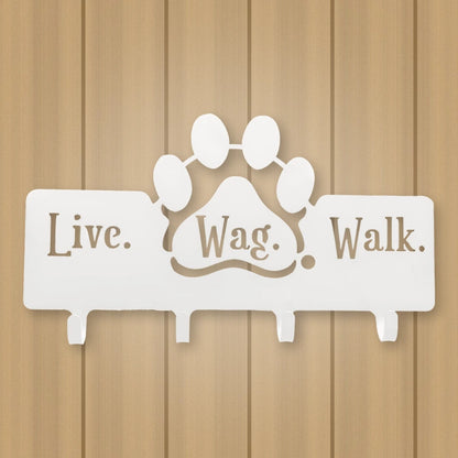 Dog Leash Hanger with "Live, Wag, Walk" shown in Gloss White powder coat finish.