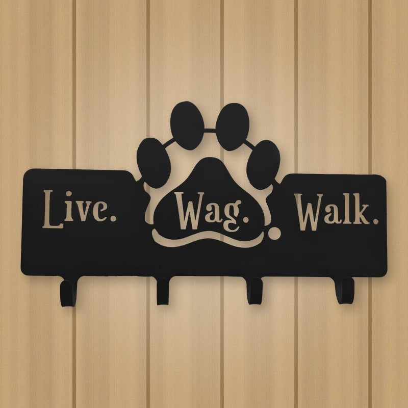 Dog Leash Hanger with "Live, Wag, Walk" shown in Matte Black powder coat finish.