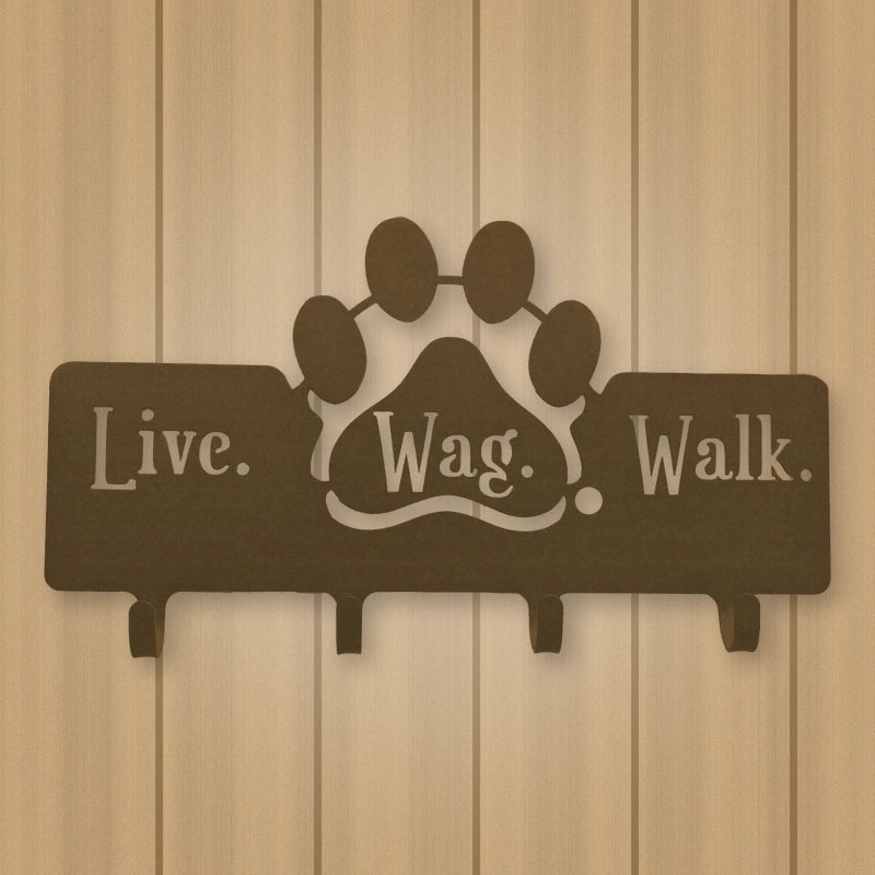 Dog Leash Hanger with "Live, Wag, Walk" shown in Metallic Bronze powder coat finish.