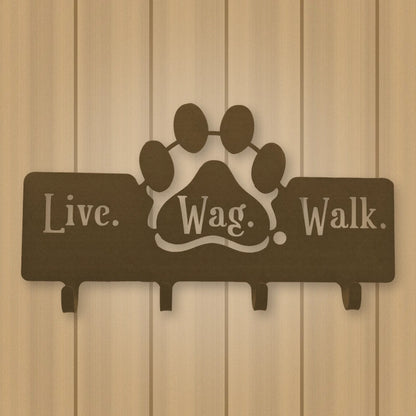 Dog Leash Hanger with "Live, Wag, Walk" shown in Metallic Bronze powder coat finish.