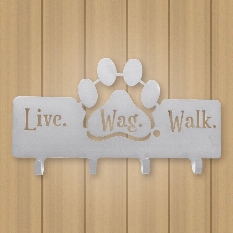 Dog Leash Hanger with "Live, Wag, Walk" shown in Metallic Silver powder coat finish.