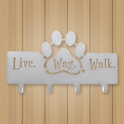 Dog Leash Hanger with "Live, Wag, Walk" shown in Metallic Silver powder coat finish.