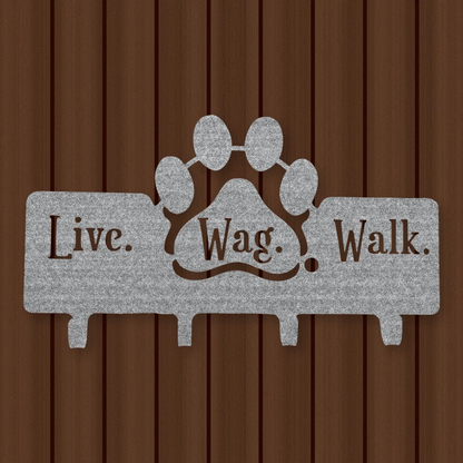 Dog Leash Hanger with "Live, Wag, Walk" Raw Steel / Rust animated finish preview Shopify Ready.