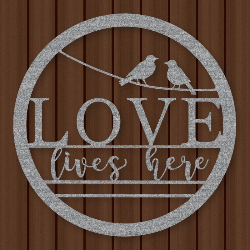 Love Lives Here Metal Sign Raw Steel / Rust animated finish preview Shopify Ready.
