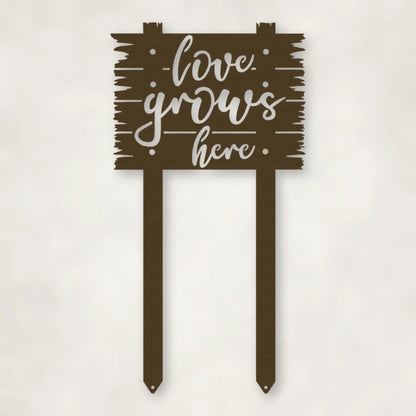 Love Grows Here Metal Sign With Stakes shown in Metallic Bronze powder coat finish.
