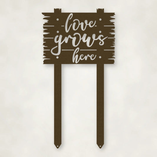 Love Grows Here Metal Sign With Stakes shown in Metallic Bronze powder coat finish.